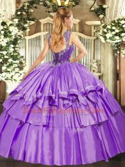 Dynamic Straps Sleeveless 15th Birthday Dress Floor Length Beading and Ruffled Layers Lilac Organza and Taffeta