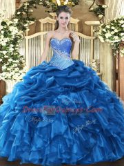 Artistic Blue Lace Up Sweetheart Beading and Ruffles and Pick Ups Quinceanera Gown Organza Sleeveless