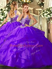 Perfect Tulle Straps Sleeveless Lace Up Beading and Ruffles 15th Birthday Dress in Purple