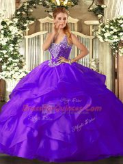 Perfect Tulle Straps Sleeveless Lace Up Beading and Ruffles 15th Birthday Dress in Purple