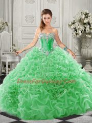 Edgy Green Ball Gowns Organza Sweetheart Sleeveless Beading and Ruffles Lace Up Sweet 16 Dresses Court Train
