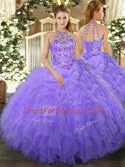 Stunning Halter Top Sleeveless Organza 15th Birthday Dress Beading and Ruffles Lace Up