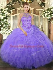 Stunning Halter Top Sleeveless Organza 15th Birthday Dress Beading and Ruffles Lace Up