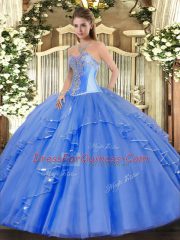 Beauteous Beading and Ruffles Sweet 16 Dress Blue Lace Up Sleeveless Floor Length