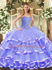 Lavender Sleeveless Floor Length Beading and Ruffled Layers Lace Up Quinceanera Dress
