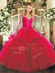 Fitting Red Long Sleeves Floor Length Lace and Ruffles Lace Up Quinceanera Gowns