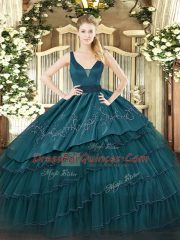 Deluxe Sleeveless Floor Length Beading and Embroidery and Ruffled Layers Zipper 15th Birthday Dress with Teal