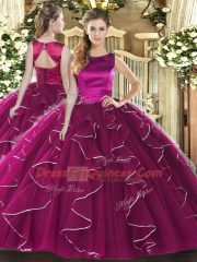 Dynamic Fuchsia Sleeveless Tulle Lace Up Vestidos de Quinceanera for Military Ball and Sweet 16 and Quinceanera