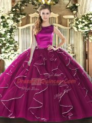 Dynamic Fuchsia Sleeveless Tulle Lace Up Vestidos de Quinceanera for Military Ball and Sweet 16 and Quinceanera
