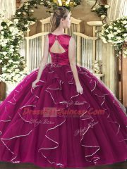 Dynamic Fuchsia Sleeveless Tulle Lace Up Vestidos de Quinceanera for Military Ball and Sweet 16 and Quinceanera