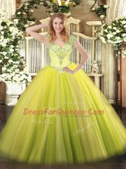 Yellow Green Tulle Lace Up V-neck Sleeveless Floor Length Sweet 16 Dresses Beading and Ruffles