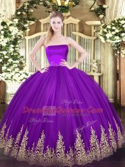 Flare Purple Strapless Zipper Appliques 15 Quinceanera Dress Sleeveless