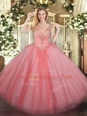 Fashion Beading Quinceanera Gowns Watermelon Red Lace Up Sleeveless Floor Length