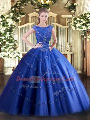 Blue Tulle Zipper Scoop Sleeveless Floor Length 15th Birthday Dress Beading and Appliques