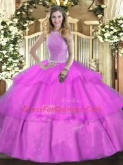 Fine Lilac Sleeveless Tulle Lace Up Quinceanera Dresses for Military Ball and Sweet 16 and Quinceanera