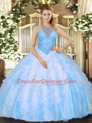 Chic Baby Blue Sleeveless Organza Lace Up 15th Birthday Dress for Military Ball and Sweet 16 and Quinceanera