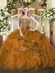 Customized Floor Length Brown Sweet 16 Dress Strapless Sleeveless Lace Up