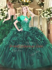 Dark Green Lace Up Quinceanera Dresses Beading and Ruffles Sleeveless Floor Length