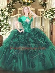 Dark Green Lace Up Quinceanera Dresses Beading and Ruffles Sleeveless Floor Length