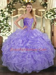 Low Price Sleeveless Tulle Floor Length Lace Up Quinceanera Gown in Lavender with Beading and Ruffles