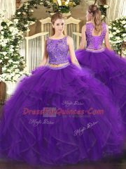 Simple Purple Two Pieces Scoop Sleeveless Tulle Floor Length Lace Up Beading and Ruffles Sweet 16 Dresses