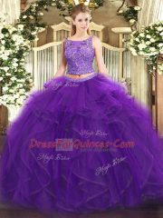 Simple Purple Two Pieces Scoop Sleeveless Tulle Floor Length Lace Up Beading and Ruffles Sweet 16 Dresses