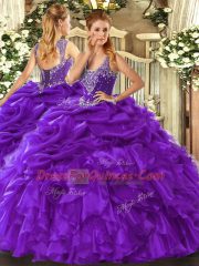 Beauteous Sleeveless Organza Floor Length Lace Up Sweet 16 Dress in Purple with Beading and Ruffles and Pick Ups