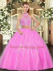 Custom Design Halter Top Sleeveless Criss Cross Sweet 16 Dress Hot Pink Tulle