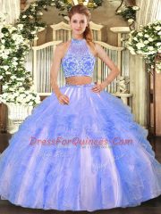 Spectacular Lavender Two Pieces Strapless Sleeveless Tulle Floor Length Criss Cross Beading and Ruffled Layers 15 Quinceanera Dress