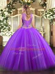 Vintage Floor Length Eggplant Purple 15th Birthday Dress Tulle Sleeveless Beading