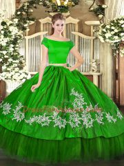 Beautiful Embroidery Sweet 16 Quinceanera Dress Green Zipper Short Sleeves Floor Length