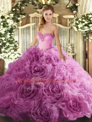 New Style Floor Length Rose Pink 15 Quinceanera Dress Fabric With Rolling Flowers Sleeveless Beading