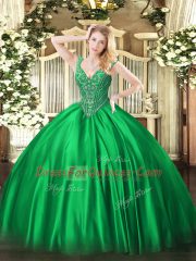 Floor Length Lace Up Sweet 16 Dresses Green for Military Ball and Sweet 16 and Quinceanera with Beading