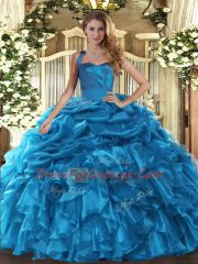 Amazing Baby Blue Ball Gowns Organza Halter Top Sleeveless Ruffles and Pick Ups Floor Length Lace Up 15th Birthday Dress