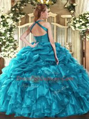 Amazing Baby Blue Ball Gowns Organza Halter Top Sleeveless Ruffles and Pick Ups Floor Length Lace Up 15th Birthday Dress