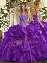 Sleeveless Floor Length Beading and Ruffles Lace Up Ball Gown Prom Dress with Purple