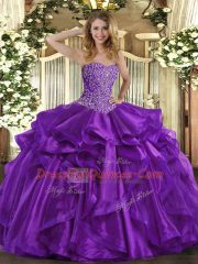 Sleeveless Floor Length Beading and Ruffles Lace Up Ball Gown Prom Dress with Purple