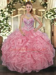 Dazzling Ball Gowns Quince Ball Gowns Pink Sweetheart Tulle Sleeveless Floor Length Lace Up