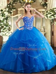 Royal Blue Tulle Lace Up Sweet 16 Dress Sleeveless Floor Length Embroidery and Ruffles