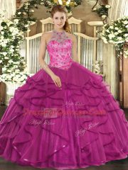 Luxury Halter Top Sleeveless Lace Up Quince Ball Gowns Fuchsia Tulle