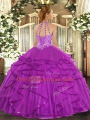 Luxury Halter Top Sleeveless Lace Up Quince Ball Gowns Fuchsia Tulle