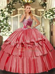Enchanting Organza and Taffeta Straps Sleeveless Lace Up Beading and Ruffled Layers Sweet 16 Quinceanera Dress in Coral Red