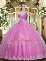 Spectacular Sweetheart Sleeveless Quinceanera Dress Floor Length Beading and Appliques Rose Pink Tulle