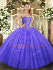Sleeveless Floor Length Beading Lace Up Sweet 16 Dress with Blue