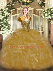 Ideal Beading and Ruffles Ball Gown Prom Dress Gold Lace Up Sleeveless Floor Length
