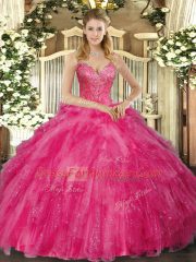 Custom Design Tulle V-neck Sleeveless Lace Up Beading and Ruffles Quinceanera Gown in Hot Pink