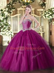 New Arrival Fuchsia Tulle Lace Up Sweet 16 Quinceanera Dress Sleeveless Floor Length Beading