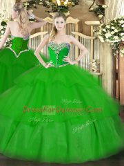 Superior Sweetheart Sleeveless Quince Ball Gowns Floor Length Beading and Ruffled Layers Green Tulle