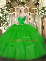 Superior Sweetheart Sleeveless Quince Ball Gowns Floor Length Beading and Ruffled Layers Green Tulle