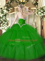 Superior Sweetheart Sleeveless Quince Ball Gowns Floor Length Beading and Ruffled Layers Green Tulle